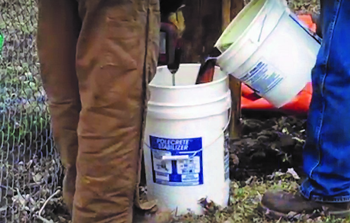 Larger foam kits come in pails. The smaller pail (containing Part A) is poured into the larger pail (containing Part B) for mixing.