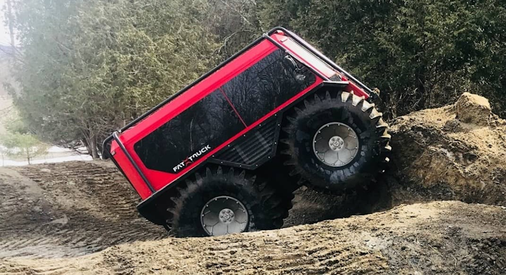 The Fat Truck is totally amphibious, it goes up a 35-degree hill and it travels 25 miles per hour.